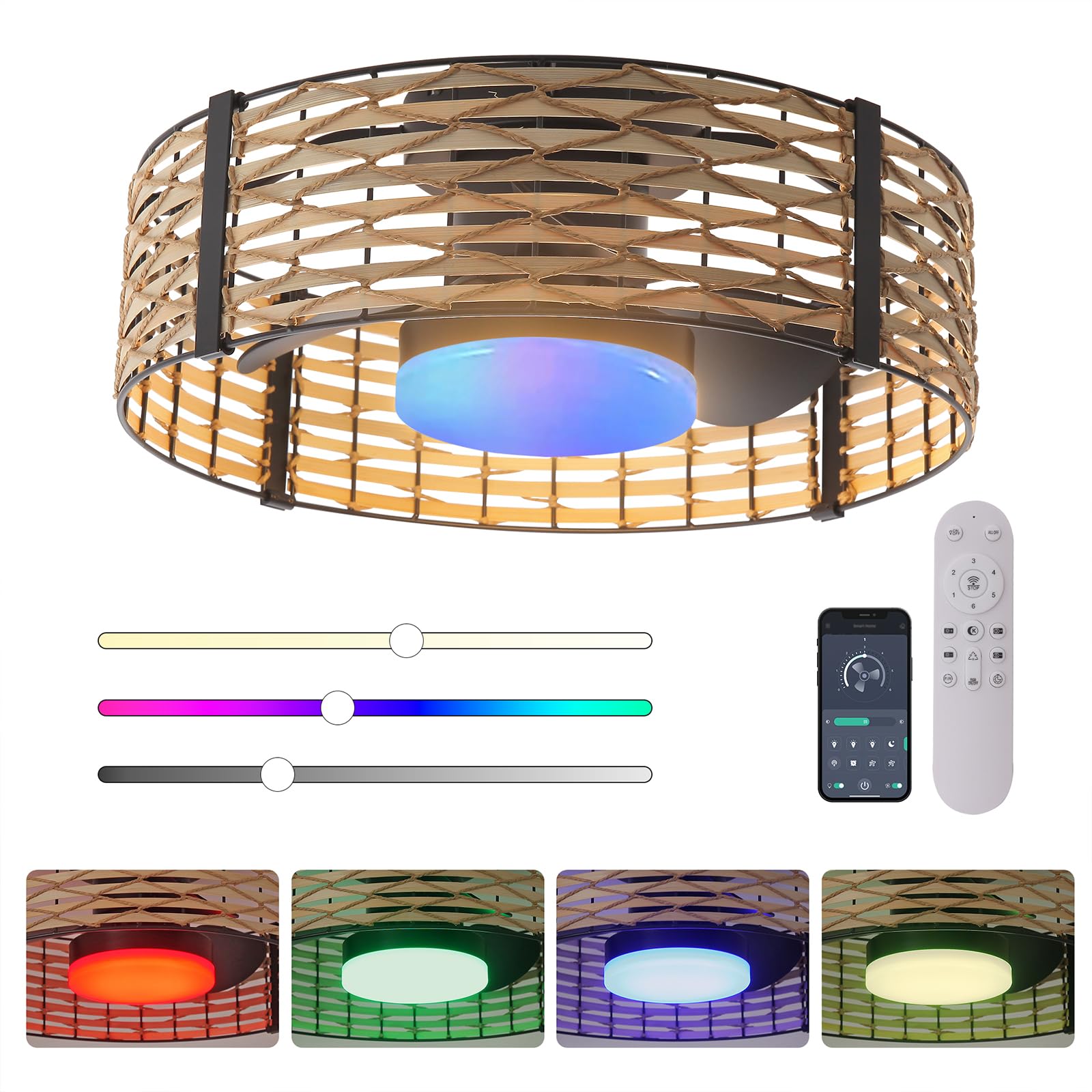 Photo 1 of Ganeed 18W LED 20 Inch Dimmable Bamboo Rattan Fandelier, Boho Caged Ceiling Fan with Light and Remote, 6 Speed/Reversible Motor/RGB LED Small Ceiling Fan for Bedroom Living Room Kitchen Nursery