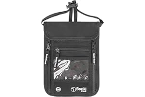 BOXIKI TRAVEL RFID Travel Neck Wallet - Black | Sleek, Secure Passport Holder and Money Pouch with Adjustable Neck Strap for Men and Women to Keep Cash, Credit Cards and Travel Documents Safe.