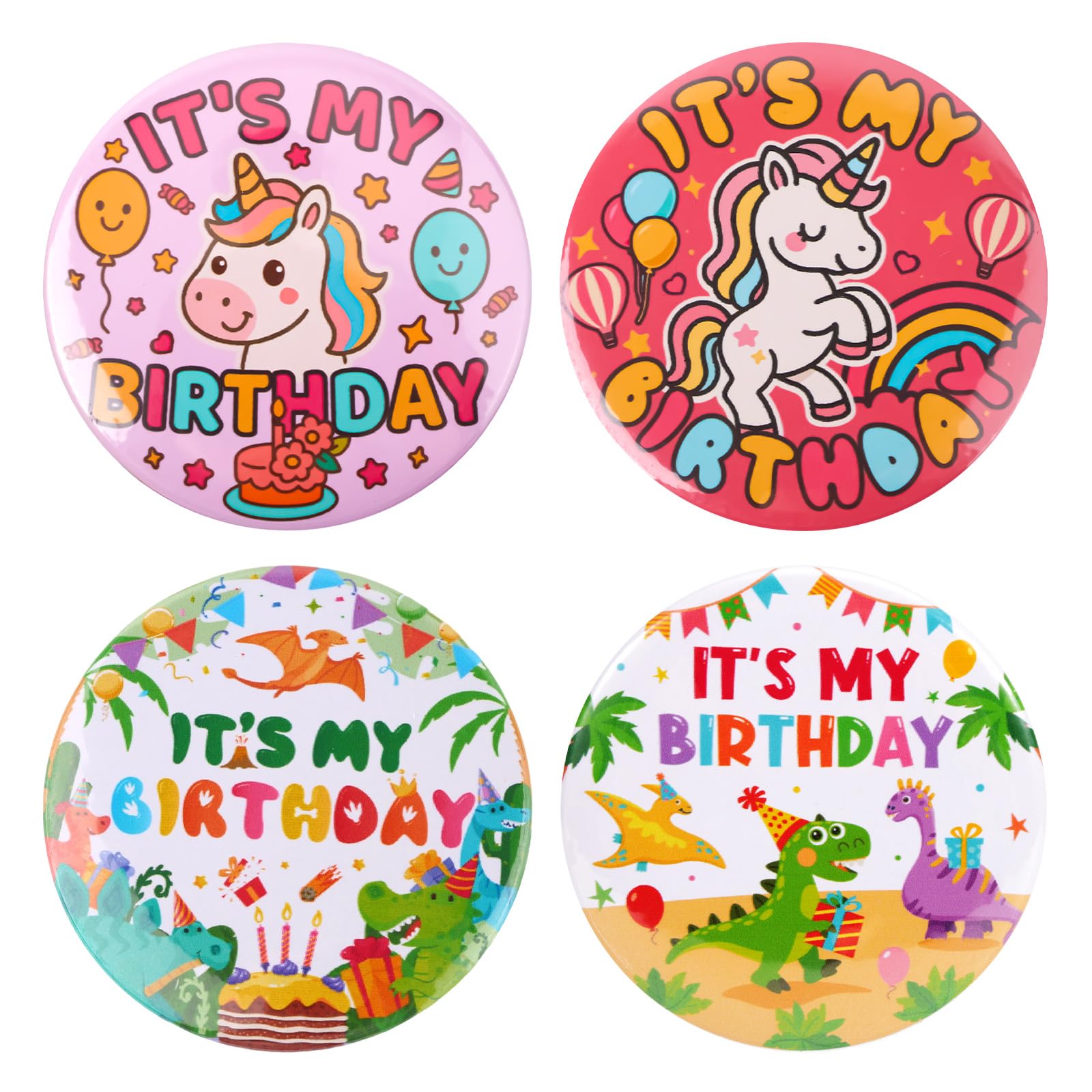 4pcs It’s My Birthday Pin Set, Cute Unicorn & Dinosaur Birthday Badge Button for Boy Girl Party Favors Decorations & Celebrations (Pink, Green)