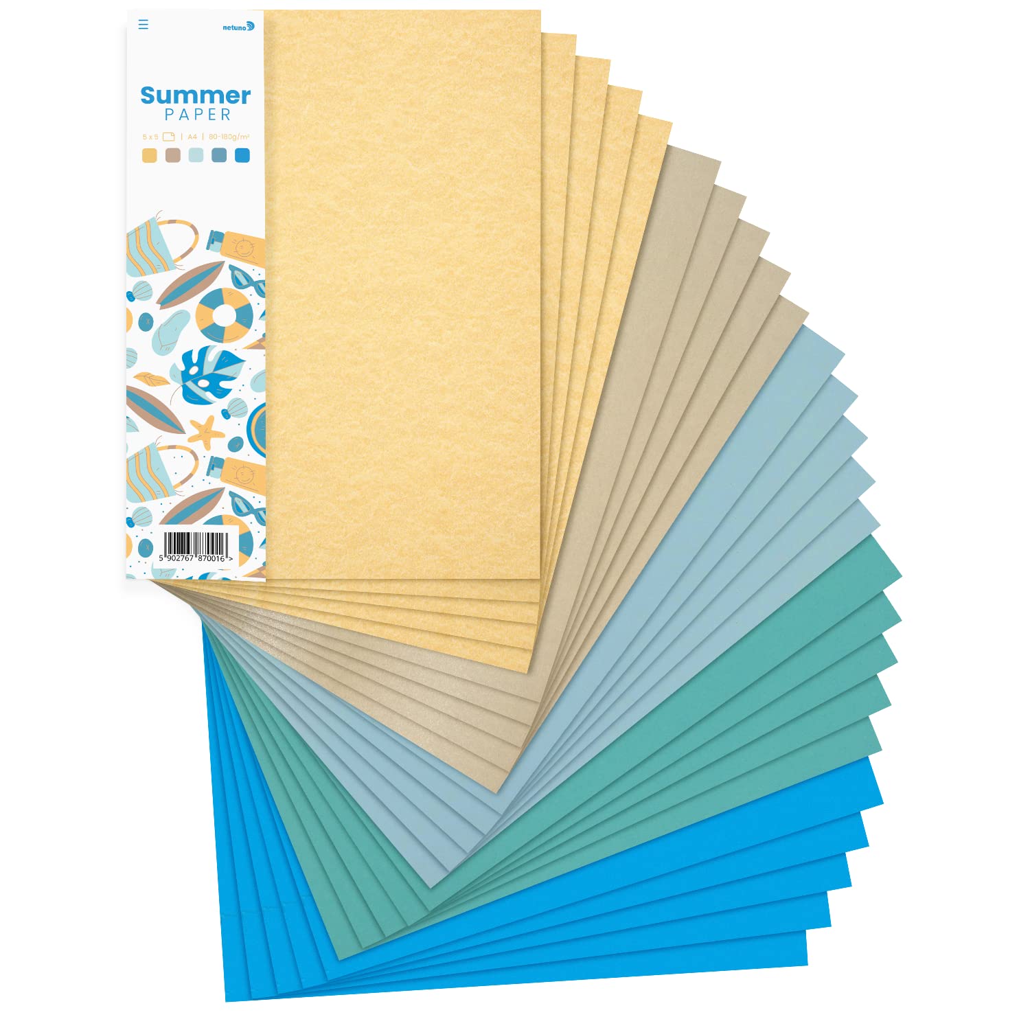 Netuno 25 Sheets of Summer-Themed Creative Paper A4 210 x 297 mm 8.3 x 11.7 in 100-170gsm Set of 5 Assorted Colours for Scrapbooking Arts and Crafts Coloured cardstock Invitations Greeting Cards
