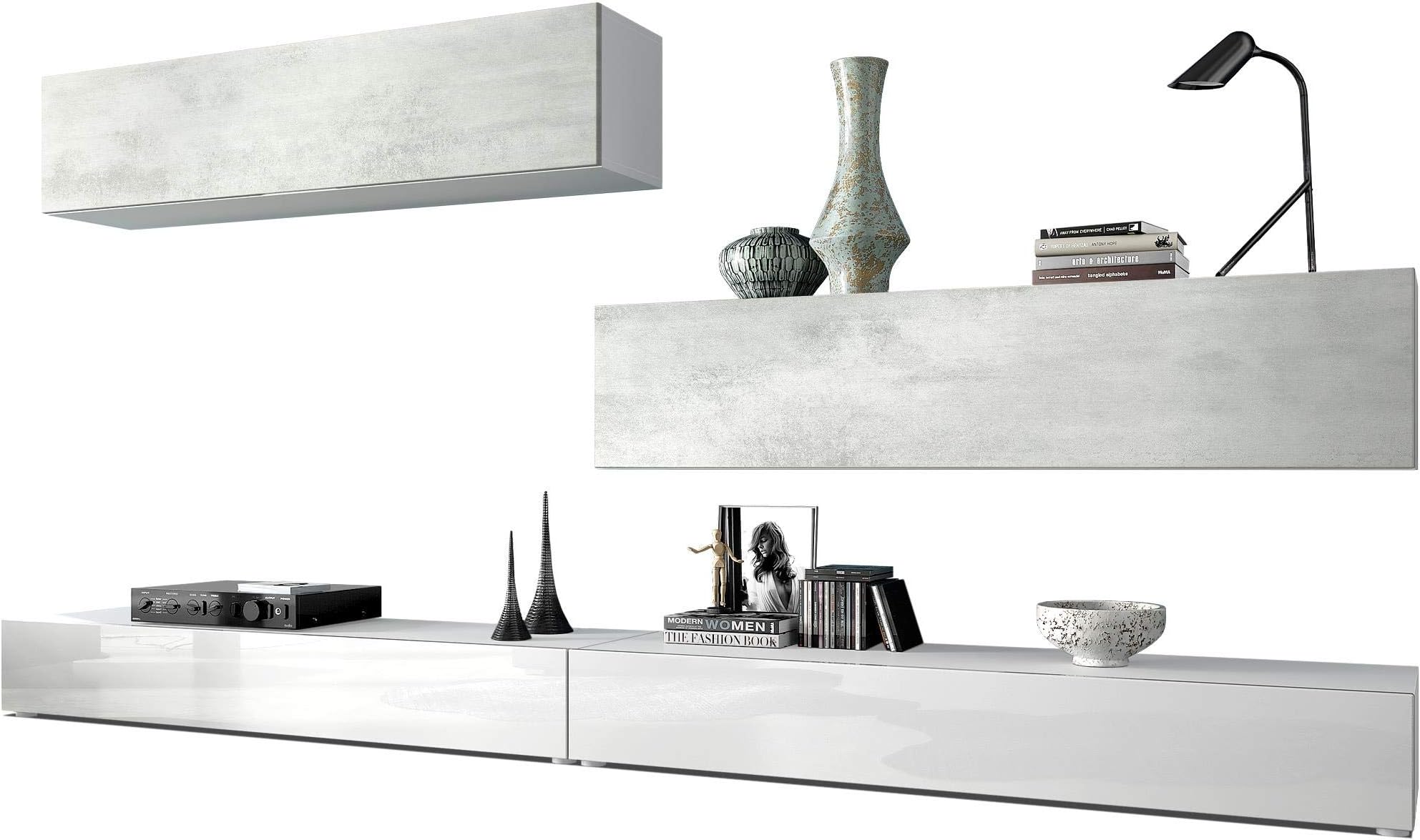Vladon Wall Unit TV Stand Nublo, Carcass in White matt/Fronts in White High Gloss and Concrete Grey Oxid