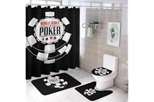 NUDQUIO WSOP Poker 4 Piece Bathroom Decor Sets Include 72 Inch X 72 Inch Shower Curtain Non-Slip Rug Toilet Lid Cover and Bath Mat
