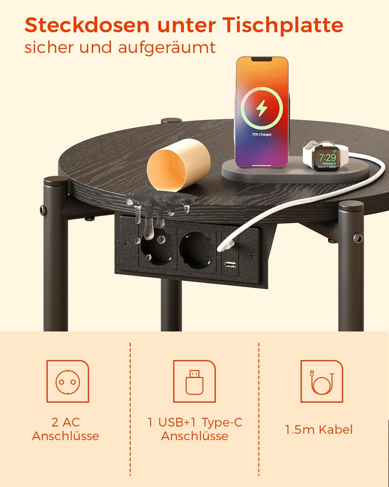 IRONCK Rund Nachttisch 2er Set, Beistelltisch mit Steckdose, USB-C-Anschluss, Kleiner Tisch Holz & Metall, Sofatisch Wohnzimmertisch Couchtisch 2 Ablage für Schlafzimmer (Schwarz, 2 Stücke) 3