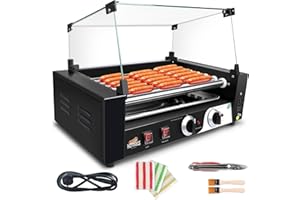 LIANQIAN 1400W Hot Dog Roller Machine, Dual Temp Control Commercial Electric Contact Grills with Removable Stainless Steel Drip Tray and Cover, 18 Hot Dog 7 Rollers Cooker for Party Home