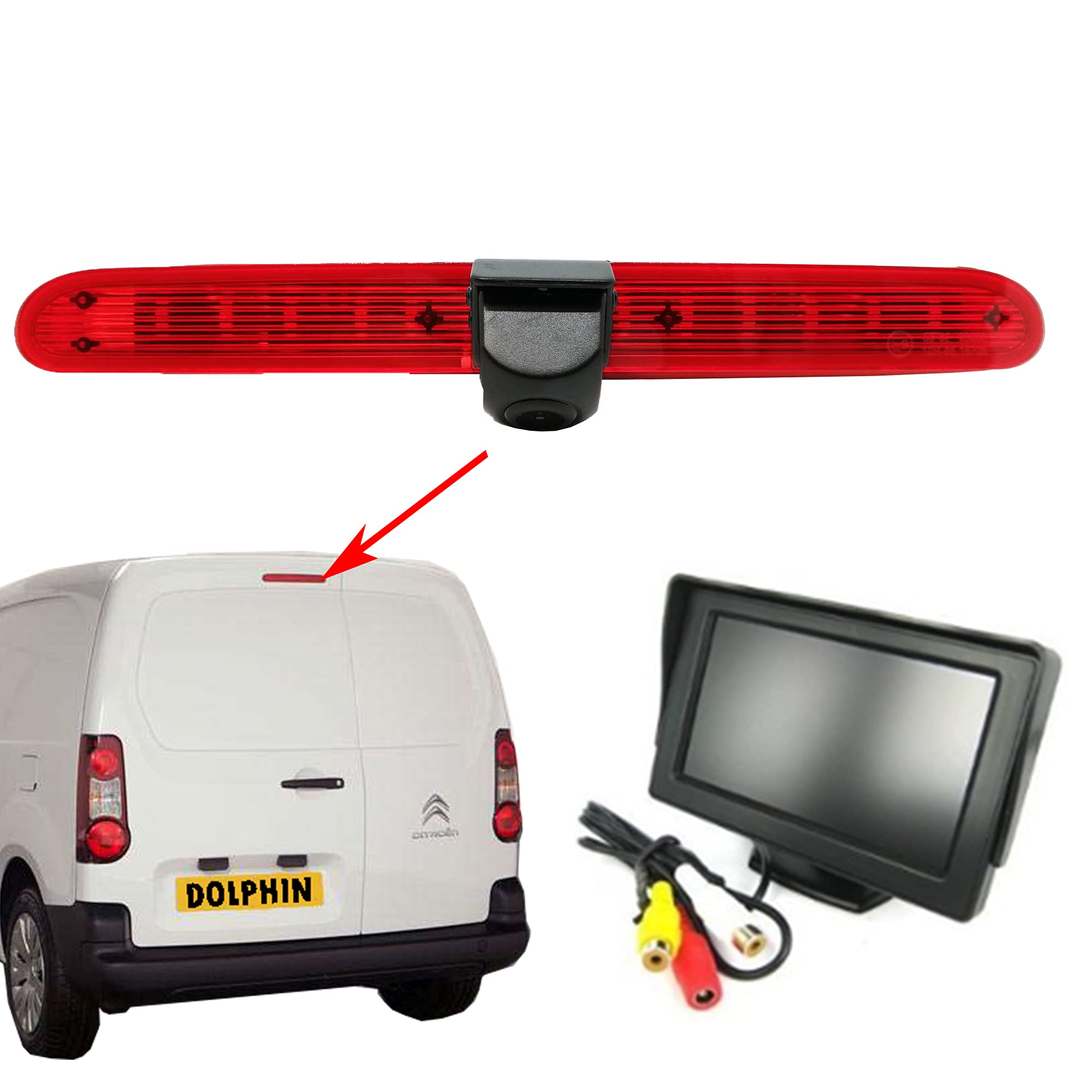 Dolphin Automotive Van Rear Brake Light Reversing Camera Fits Vauxhall Combo E 2019+ And Fiat Doblo 2022+ With Waterjet Nozzle (Camera With 4.3" Dash Monitor)