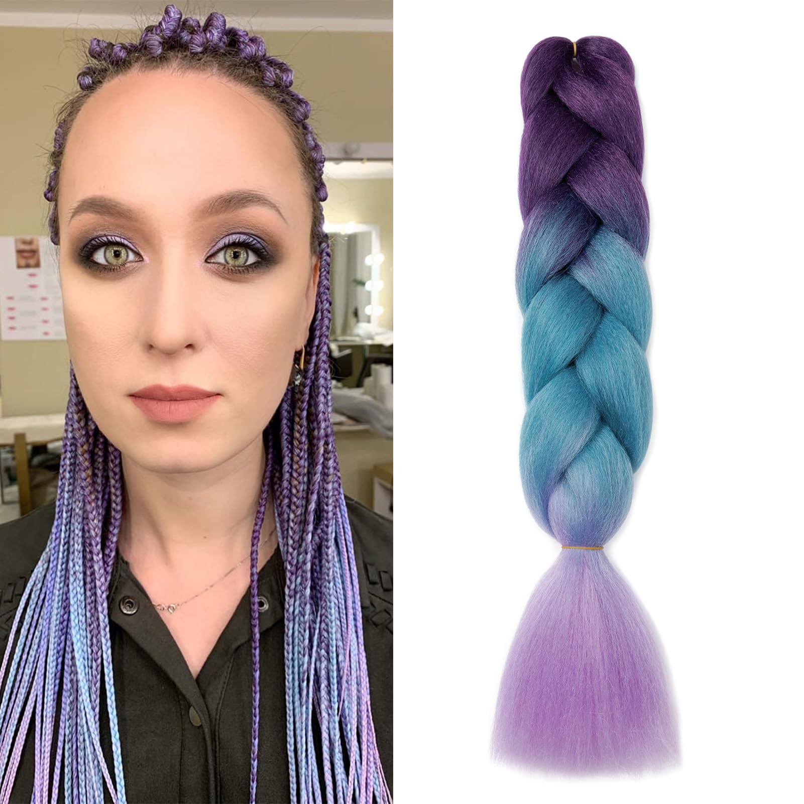 Dcbaboo Hair Extensions for Braiding Jumbo Braiding Hair Extension 1pack 24inch Synthetic Hair Kanekalon Ombre Braids Extensions Hair Afro Crochet Twist Box Braids 100g, Purple-Lake Blue-Light Purple — image 1