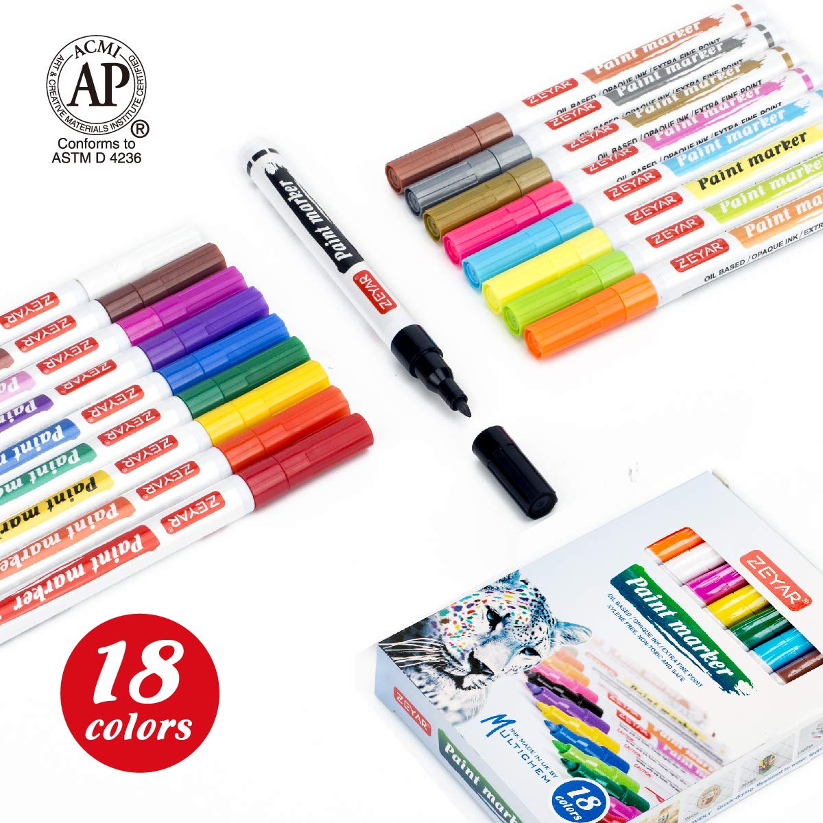 ZEYAR Oil-Based Paint Markers, Expert of Rock Painting, Extra Fine Point, 18 Colors, AP Certified. Works on Rock, Wood, Glass, Metal, Ceramic and more