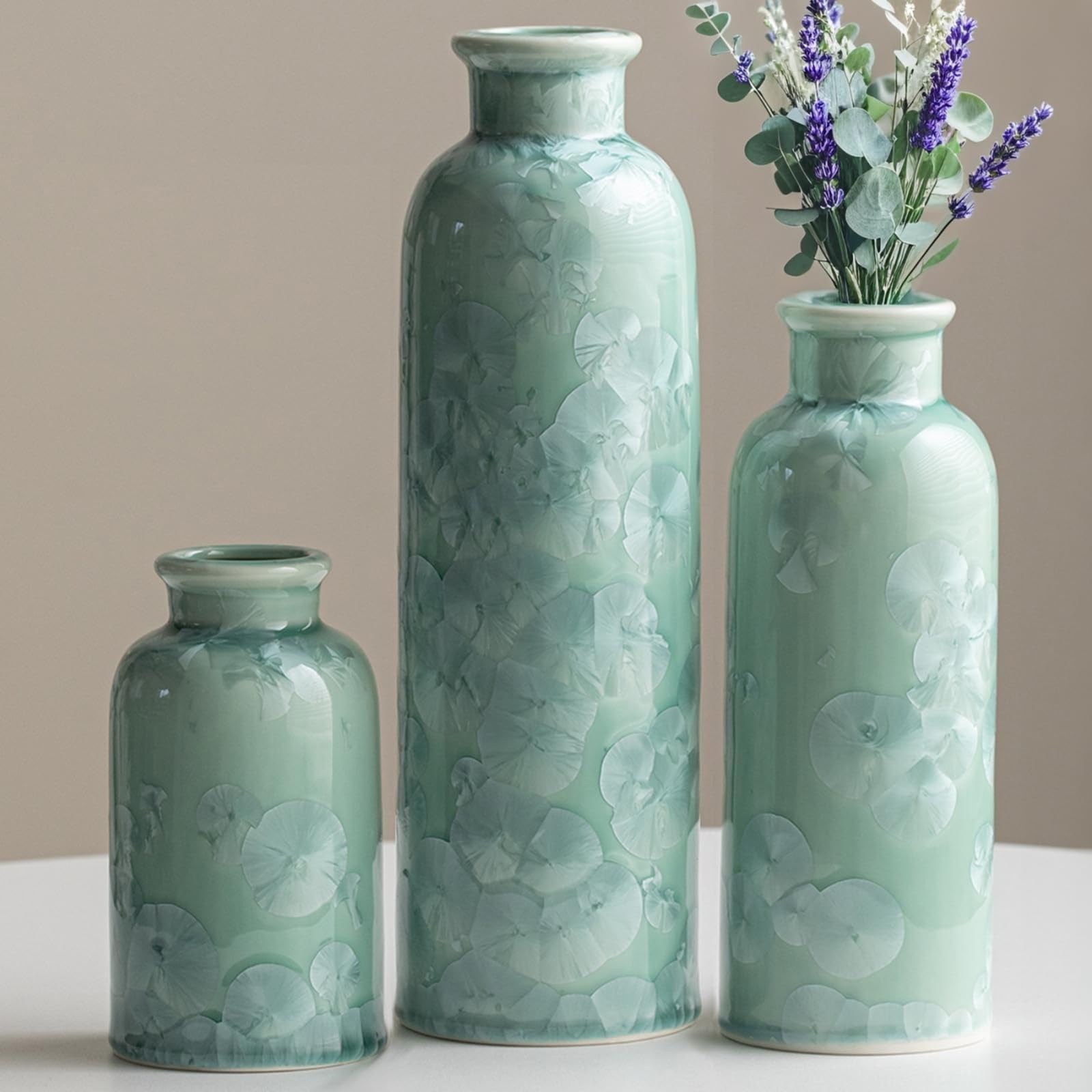 Modern Ceramic Vase Set of 3, Green Crystalline Glaze Colors, Decorative Bottles for Home, Farmhouse Rustic Decor Housewarming Gifts, Wedding Gifts, Birthday Gifts for Women(Crystalline Glaze Green)