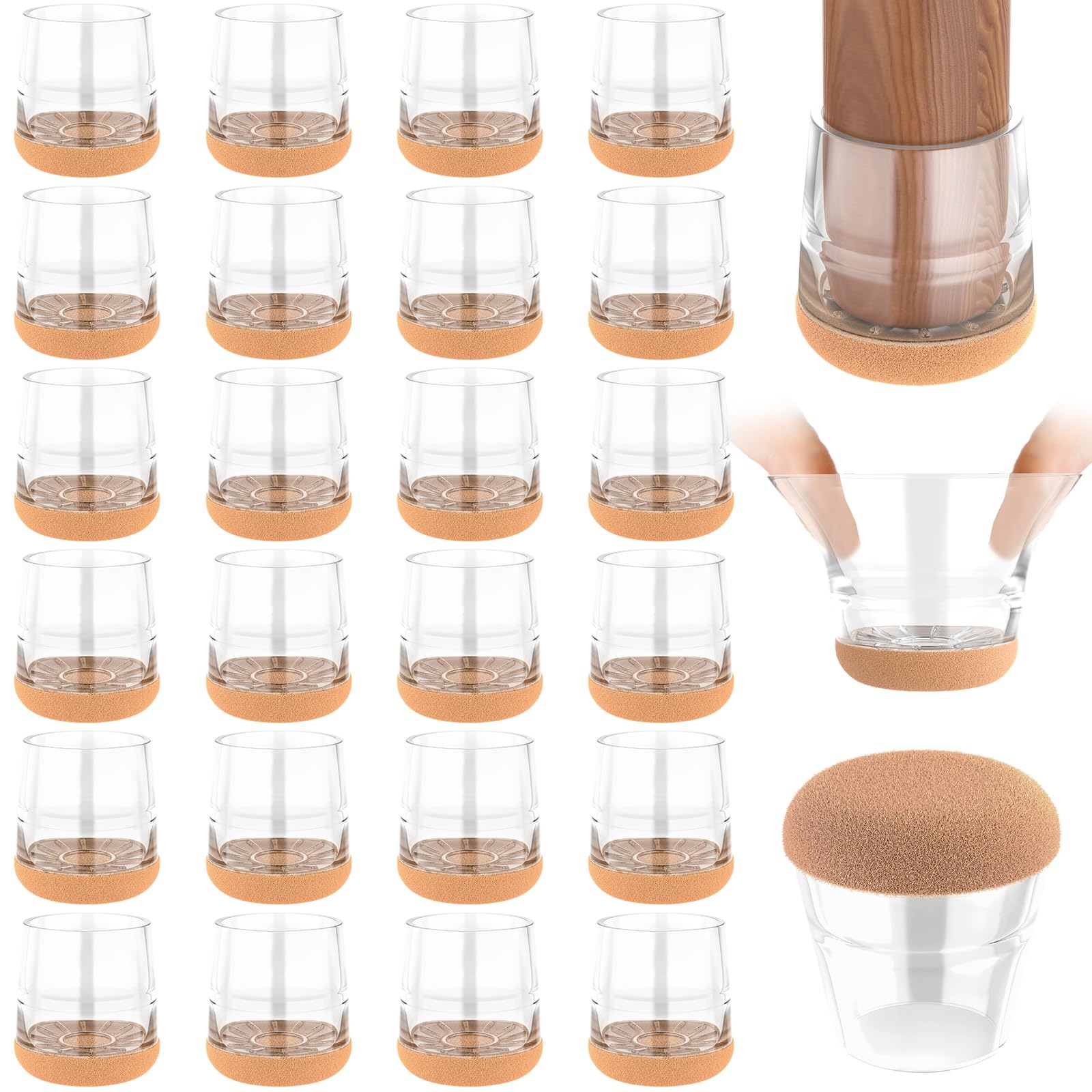 yomanta Chair Leg Floor Protectors 24PCS，Silicone Felt Furniture Leg Cover，Furniture Feet Protectors Pads，Protect Floors from Scratches，Reduce Noise -Round, Clear S(Fit 21-25mm)