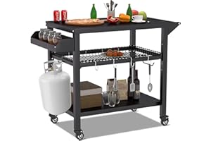 Spurgehom Grill Cart, Pizza Oven Stand Table with Wheels, Outdoor Movable Kitchen Cooking Prep Table BBQ Cart with Mesh Racks for Home Party, Bar, Camping