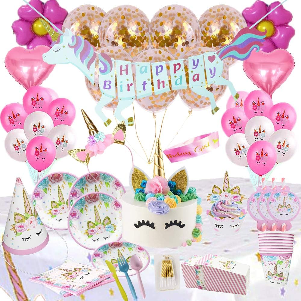 Unicorn Party Supplies 254 Pieces for 16 Guests Unicorn Party Favors ，Happy Birthday Banner，Plastic Table Cloth（52 * 87 inches），Cake Decoration，Bring Freebies (3 Tattoos, 1 Shoulder Strap)