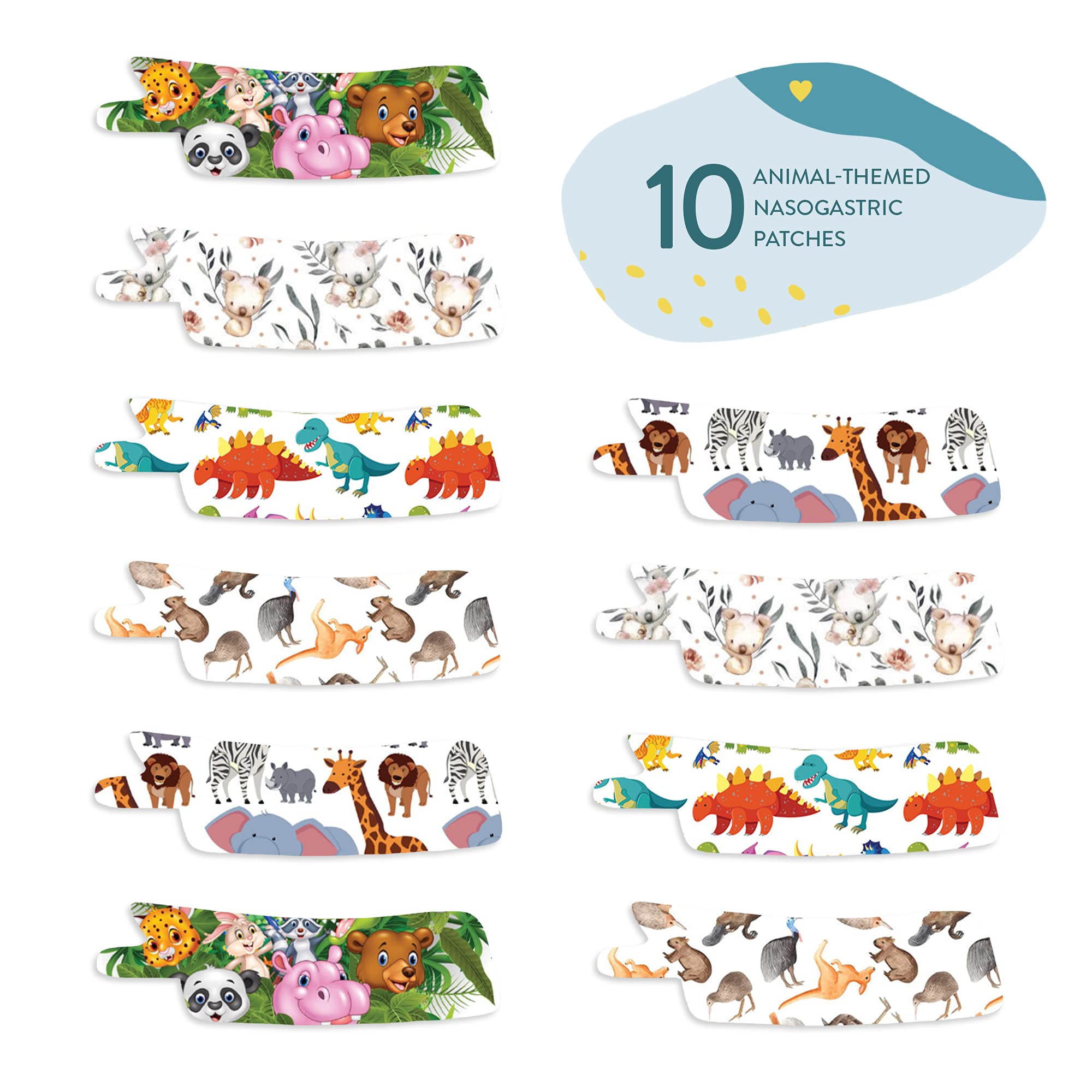 Photo 1 of Nasogastric or Oxygen Tube precut Adhesive Tape Animal Mix x 10 Pack. (Right Side)