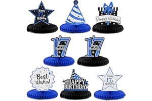 LASKYER Happy 17th Birthday Party Decorations, Glitter Shiny Honeycomb Table Centerpieces Seventeen Years Old Birthday Party Photoprop Sign. - Blue Glitter