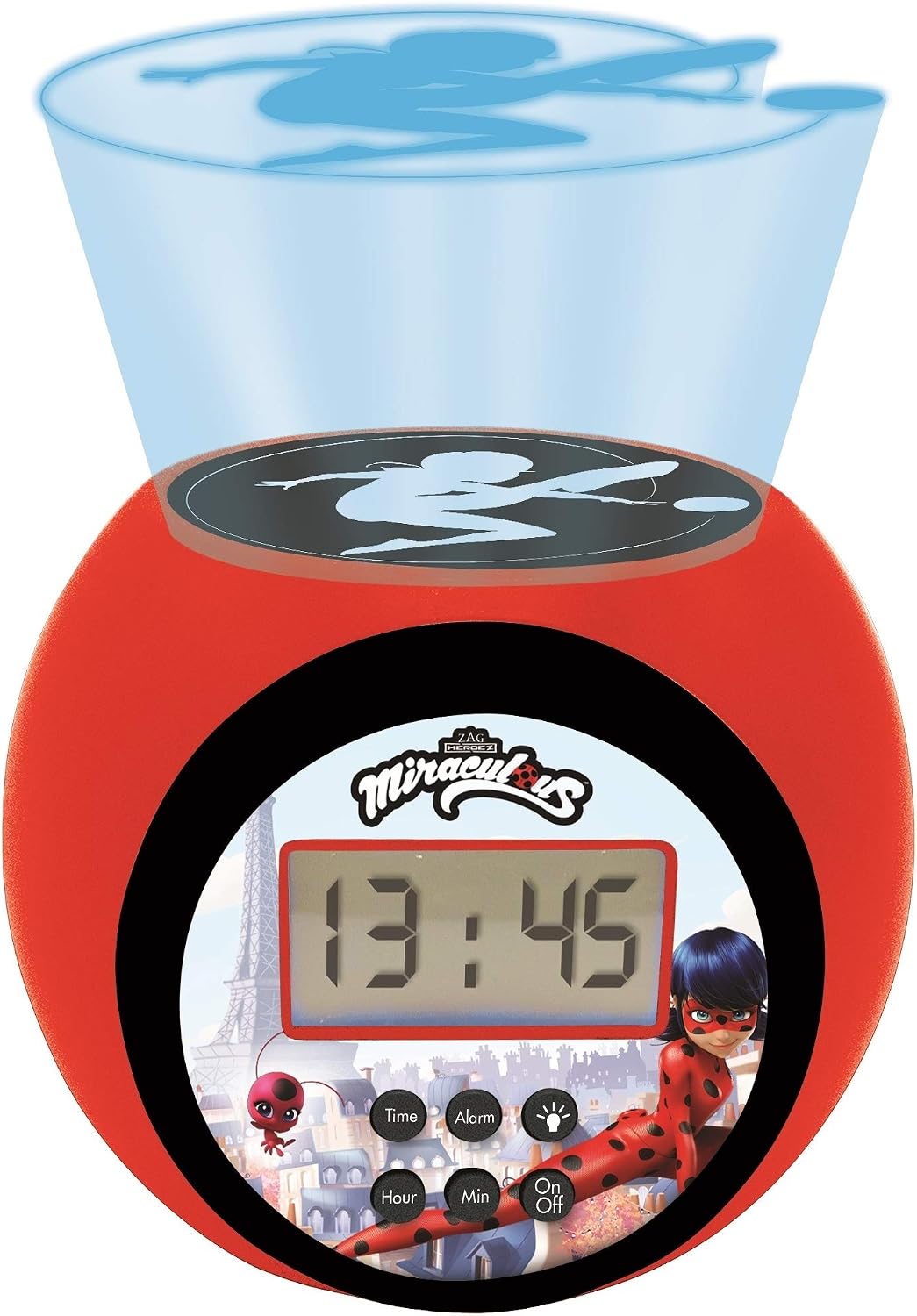 LEXIBOOK, Miraculous Ladybug Cat Noir, Projector Alarm Clock with snooze function and alarm function, Night light with timer