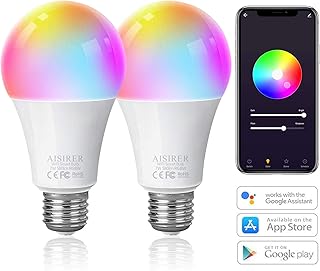 AISIRER Smart Lampe WLAN Glühbirnen Wifi LED RGBW Birne Kompatibel mit Amazon Alexa Echo,Echo Dot Google Home Kein Hub Erforderlich Dimmbares Mehreren Farben E27 Farbige Leuchtmittel (2 Stück)