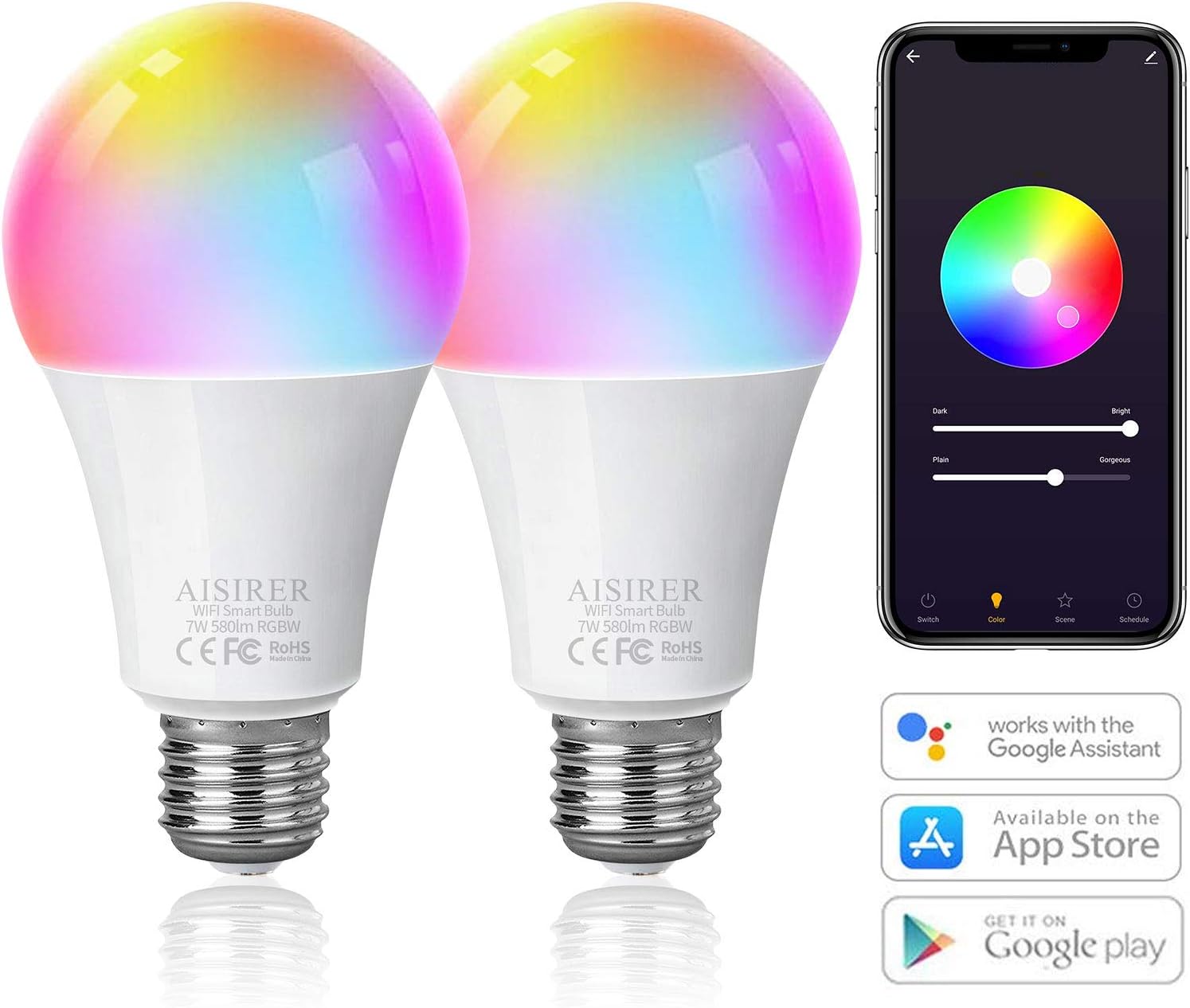 AISIRER Smart Lampe WLAN Glühbirnen Wifi LED RGBW Birne Kompatibel mit Amazon Alexa Echo,Echo Dot Google Home Kein Hub Erforderlich Dimmbares Mehreren Farben E27 Farbige Leuchtmittel (2 Stück)