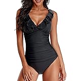 Holipick Women Tummy Control One Piece Swimsuit V Neck Ruffled Bathing Suit Ruched Slimming Swimwear