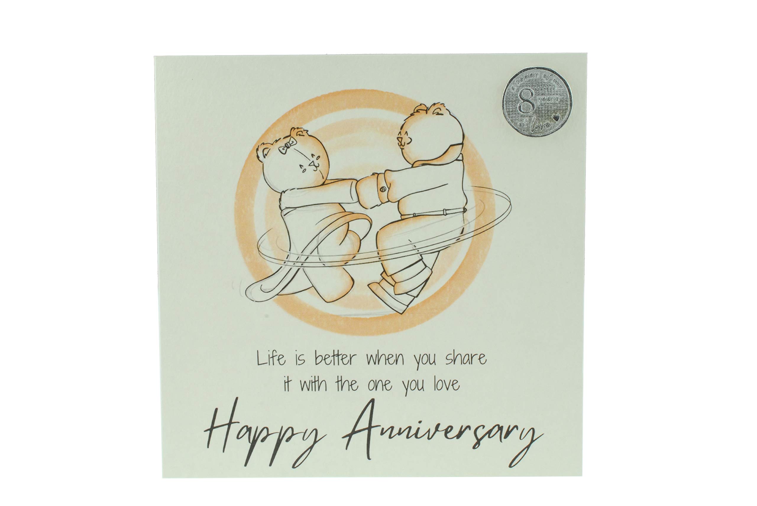 Cute 8th Wedding Anniversary Card, Dancing Bears – Free Metal 8th Anniversary Love Token Gift (gc-annidancing08)