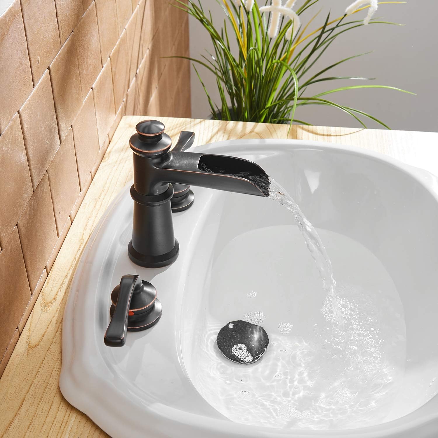 BWE Waterfall 8-16 Inch 3 Holes Two Handle Widespread Commercial Bathroom Sink Faucet Lavatory Oil Rubbed Bronze - - 