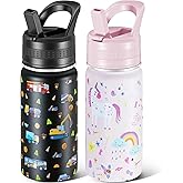 2 Pack Kids Water Bottle,14 Oz Stainless Steel Water Bottle with Straws, Leak-Proof, BPA-Free, Insulated Water Bottles for School Boys & Girls|Black Car + Pink Unicorn