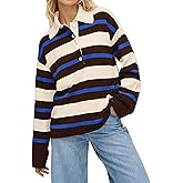SHBECYDE Women Striped Color Block Polo Sweater Lapel Collared Long Sleeve Knit Rugby Shirt Fashion Fall Clothes Brown Blue
