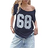 SHENHE Women's Off The Shoulder Jersey Shirt Number Graphic Short Sleeve Y2k Tee Streetwear