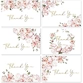 Whaline 36 Packs Floral Gold Foil Thank You Cards Watercolor Pink Flower Greeting Cards Blank Note Cards with Envelopes and Stickers for Wedding Baby Shower Bridal Shower Party, 4 x 6 Inch