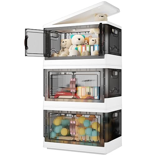 SavvyStor Storage Boxes with Lids - 45L*3 Pack Large Plastic Bins Collapsible Storage Bin - Stackable Foldable Plastic Storage Box for House Organizing Bedroom Dorm Room