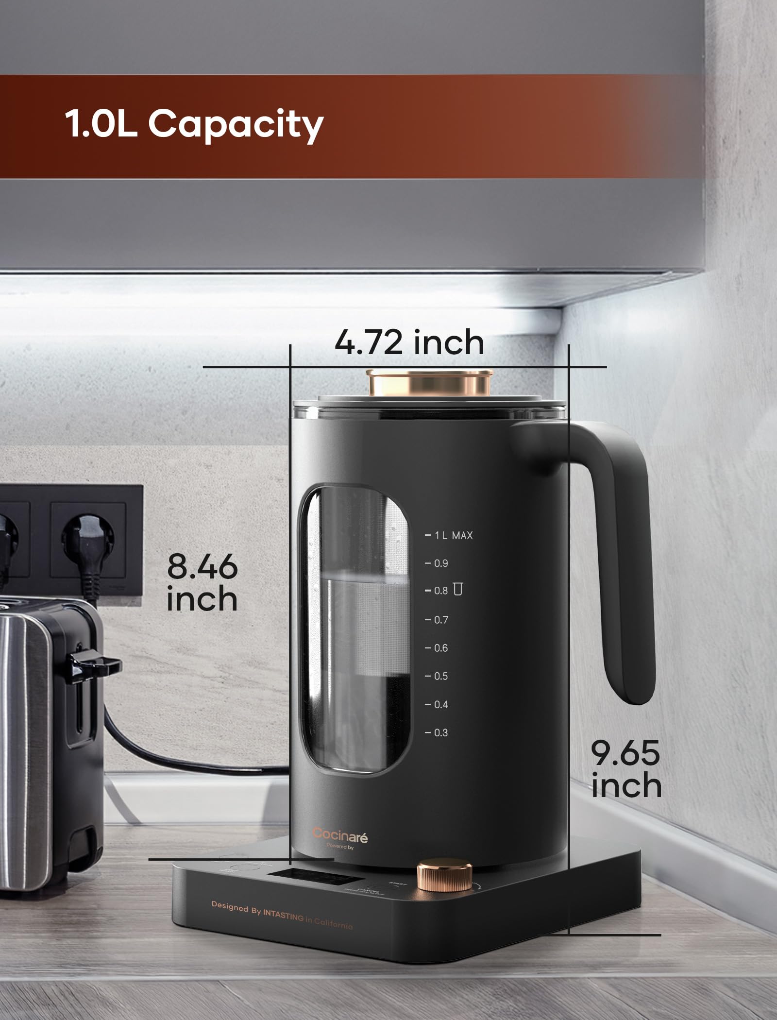 Tetera Eléctrica, INTASTING Hervidor Eléctrico de Vidrio con Infusor de Té y Control Preciso de Temperatura con Perilla, Calentamiento Rápido de 1200W, Sin BPA, Fácil de Limpiar, para Té y Café, 1 Litro (Gris Oscuro)