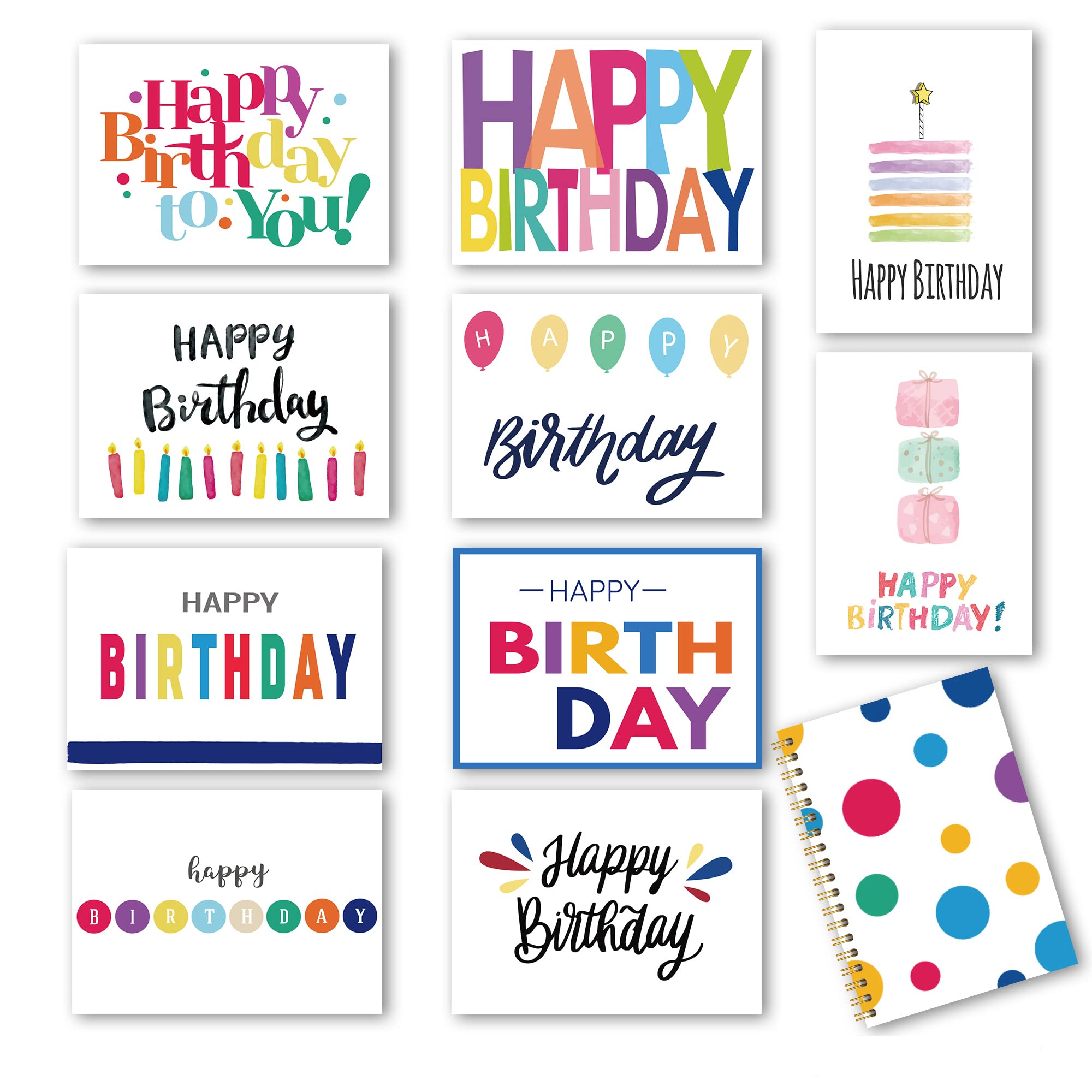 Photo 1 of 100 Birthday Cards, Happy Birthday Cards Bulk with Short Message Inside, 5x7 Inch Thick Card Stock Assorted Birthday Cards with Envelopes,10 Unique Designs for Men and Women.