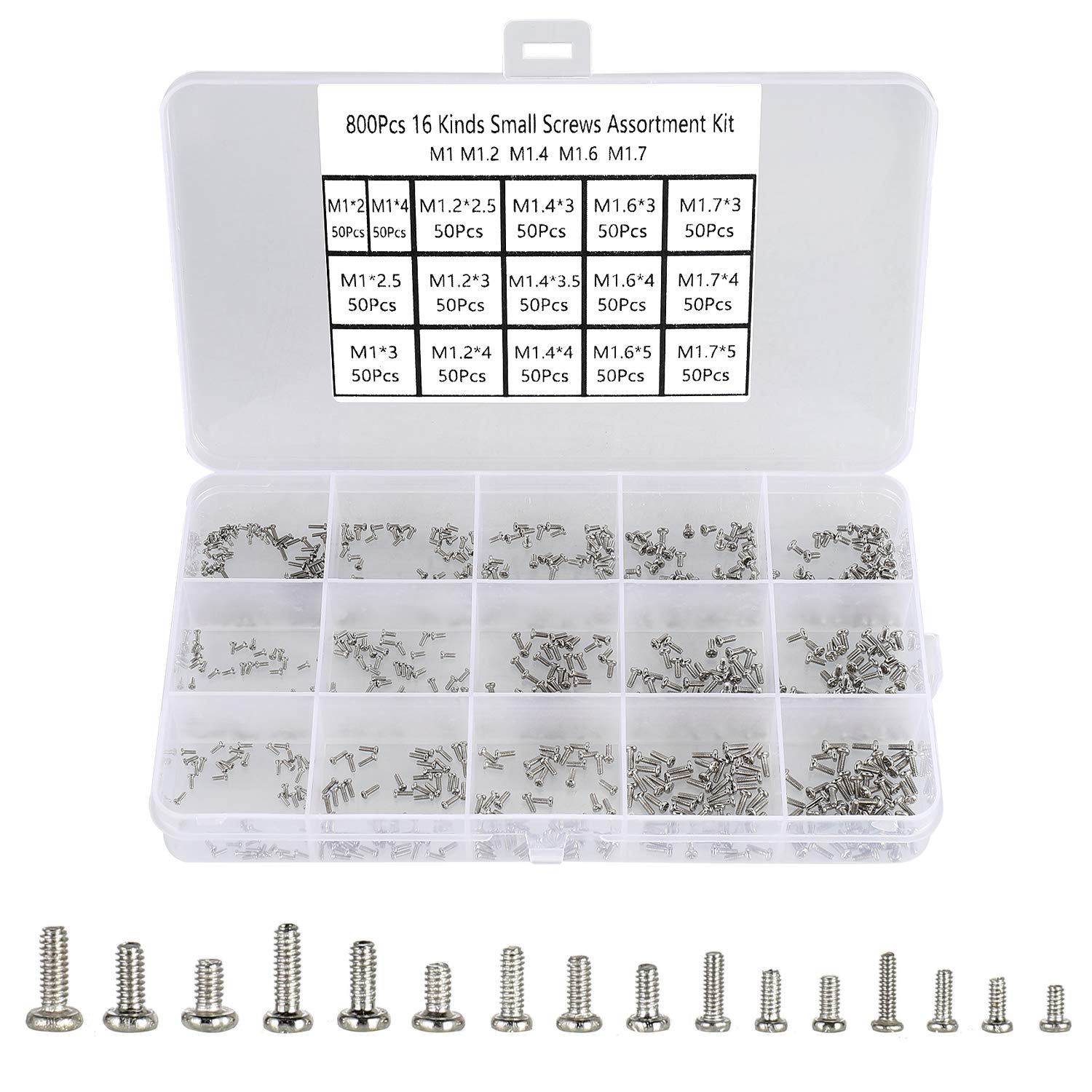 FandWay 800Pcs Very Small Screws Set,Tiny Micro Repair Screws Kit, Mini Pan Head Machine Screw M1 M1.2 M1.4 M1.6 M1.7 for Watch Spectacles Toy Laptop PC SSD Electronic Repair.