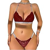 OYOANGLE Women's Glitter Trim Lace Lingerie Set Open Back Triangle Bra and String Thongs Underwear Sets