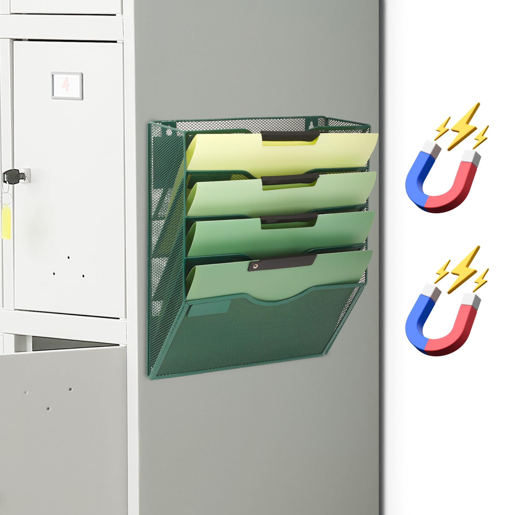 EASEPRES Magnetic 5 Pocket Mesh Hanging File Organizer, Wall Mounted Mail Paper Document Folder Holder, Clipboard Storage Organization Magazine Rack with Nametag Label for Office School, Dark Green Image