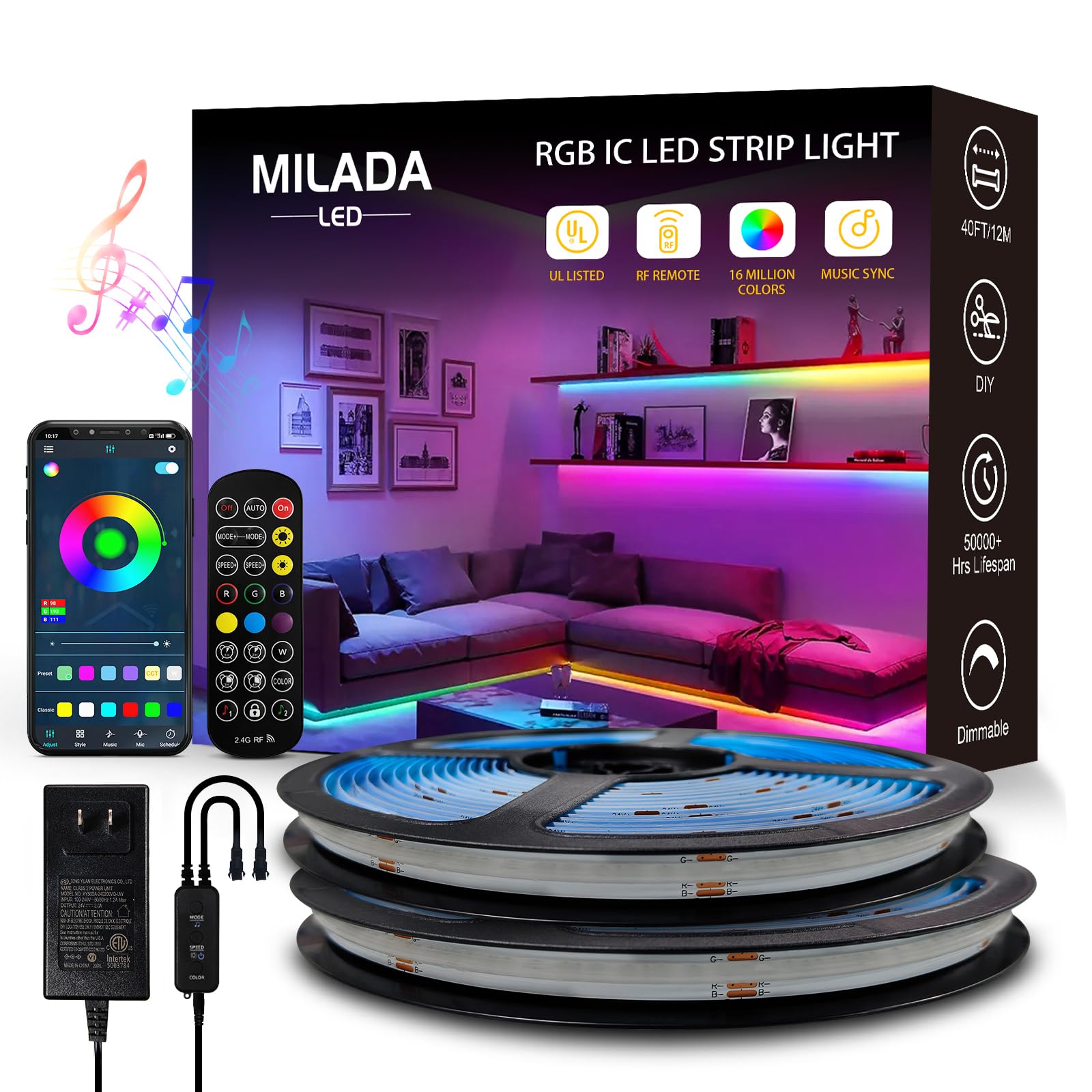 Photo 1 of MILADALED COB RGB Smart IC Strip Lights 40FT LED Strip Lights RGB+IC LED Strip Lights with RF Control Music Sync COB RGB LED Light for Bedroom Gaming Party Home Decor 2×20FT Rolls