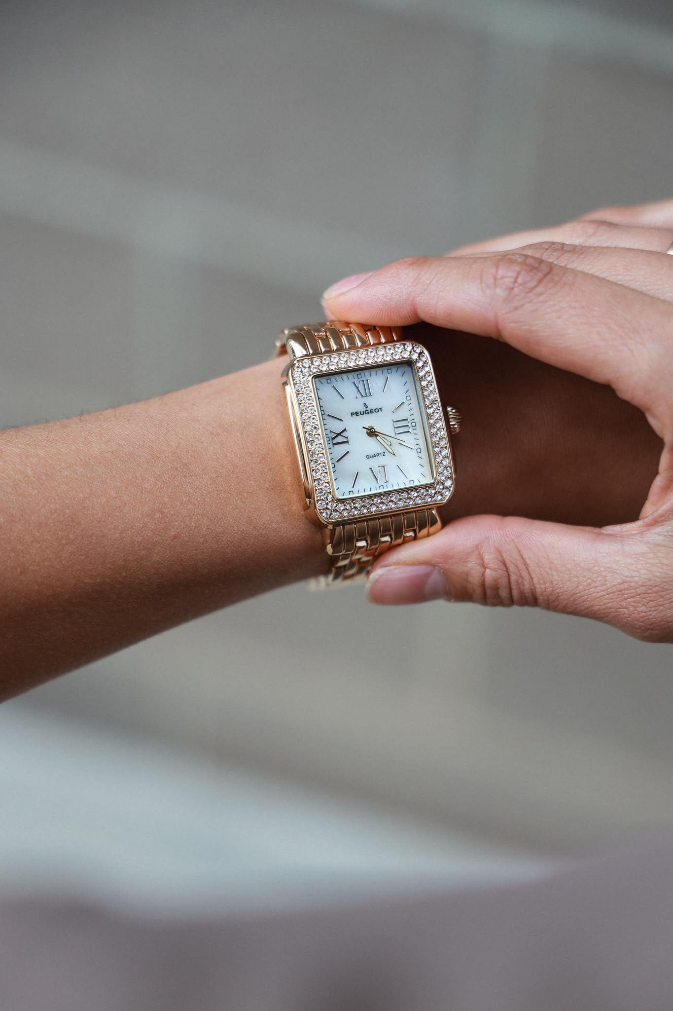 Peugeot Women Rectangle Dress Watch with Crystal Decorated Bezel, Roman Numerals and Bracelet