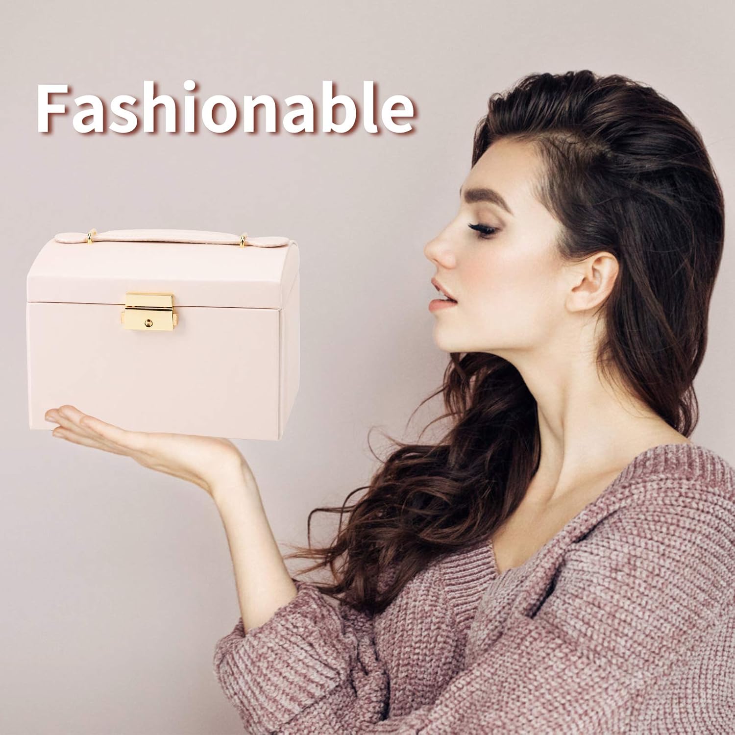 DEZZIE Women's Jewelry Box, Senior PU Leather, 3 Layer Medium Sized Jewelry Storage Box with Lock. Portable Travel Jewelry case for Earrings Bracelets Rings-Light pink: Home Improvement