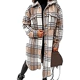 PUWEI Women's Long Flannel Plaid Jacket Shacket Cozy Lapel Button Down Shirt Jacket Fuzzy Trench Coat