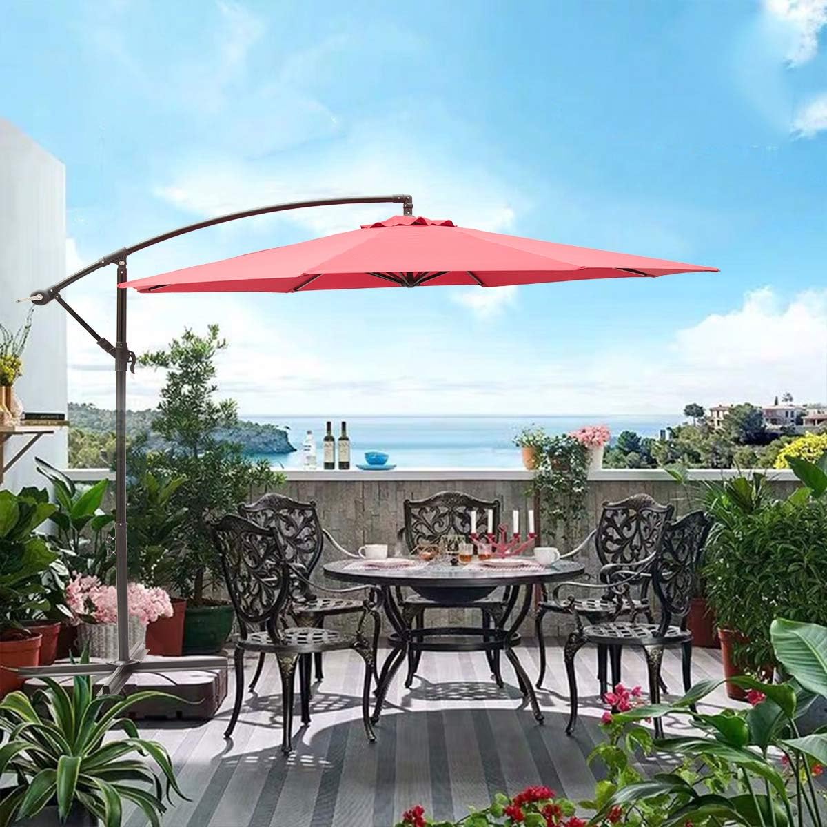 SUNNYARD 10 Ft Cantilever Offset Patio Umbrella Hanging Market Umbrella with Crank and Air Vent,8Ribs,Red