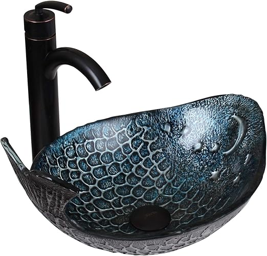 Elite Pacific Whale Pattern Tempered Glass Bathroom Vessel Sink