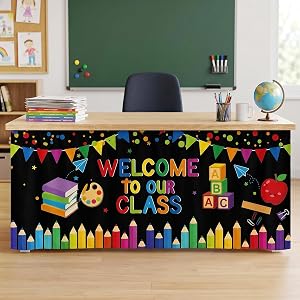 Bigmeta 6ft Teacher Desk Skirt, Back to School Supplies | Welcome to Our Class Table Skirt, Easy Assembly & Secure Fit, for C