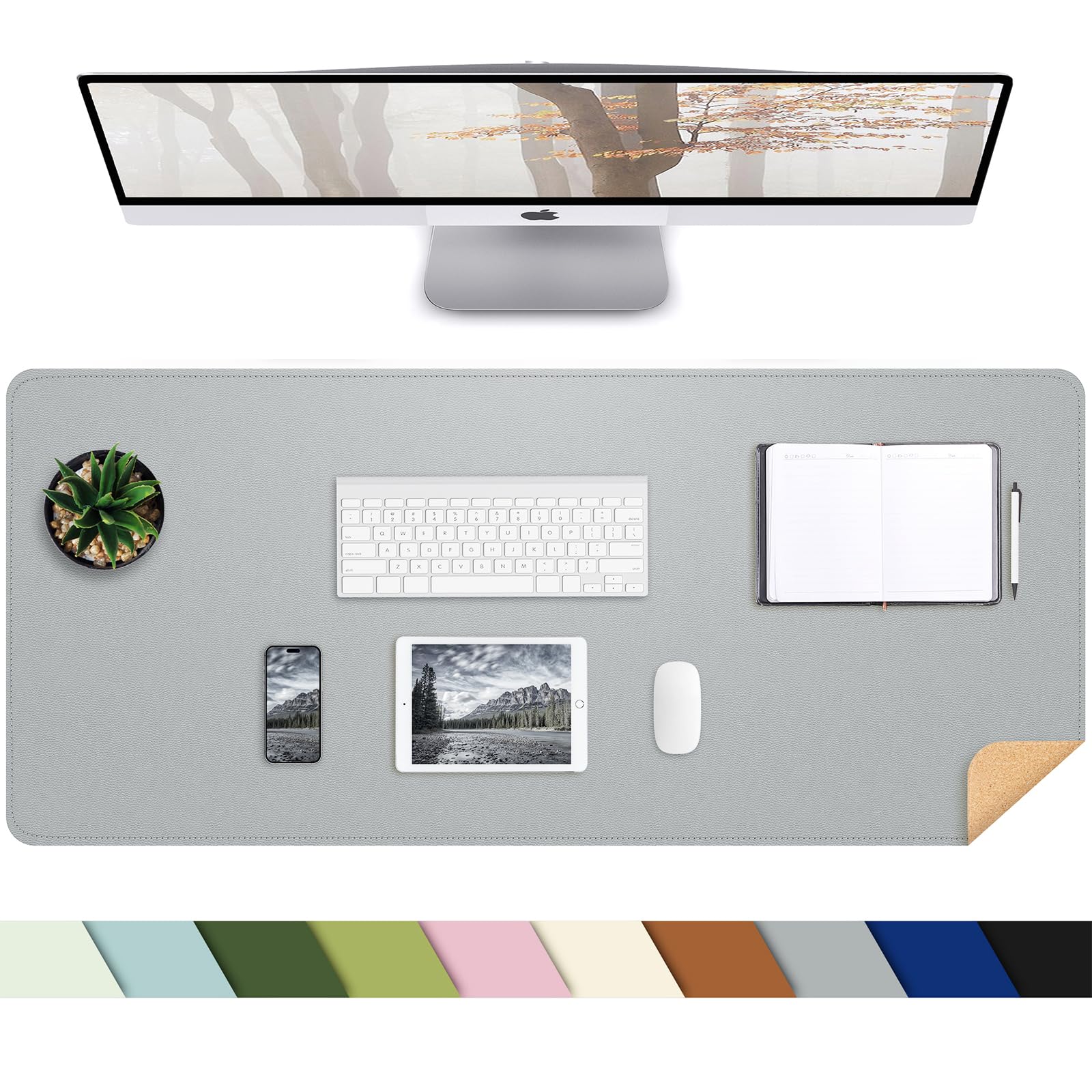 Photo 1 of Desk Mat,35.4" x 17" Leather Desk mat,Double-Sided Desk Pad,Desk matt for Desktop,Large Mouse Pad,Office Desk mat,Waterproof Desk Blotter pad for Office&Home(Light Grey+Cork)