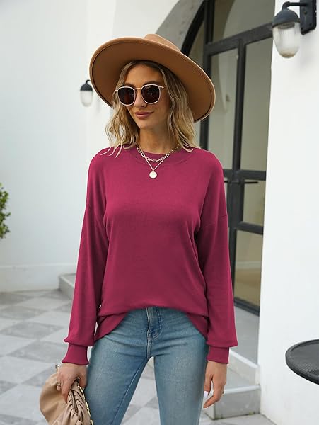HOUNT WOMENS CASUAL FALL LONG SLEEVE TOPS LOOSE FIT PULLOVER TUNIC TOPS SWEATSHIRTS (SMALL, ROSE RED)