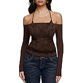 REORIA Sexy Lace Top for Women Off Shoulder Long Sleeve Halter Neck Sheer Fitted Going Out Top Y2K Fake Two Piece Shirt