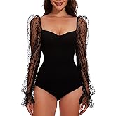 Decorus V Neck Bodysuit for Women - Polka Dots Sheer Bodysuits - Sexy Body Suit Going Out: Women Body Suits Tops