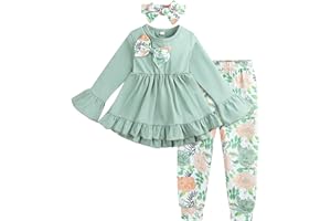 Ayzozuy Toddler Baby Girl Clothes Floral Outfit Ruffle Sleeve Shirt with Headband 3PC Pant Set Fall Winter Clothing for Girl