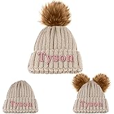 Custom Winter Beanie Hat, Customized Name Pom Pom Beanies Cap, Matching Knitted Hats for Baby Kid Adult