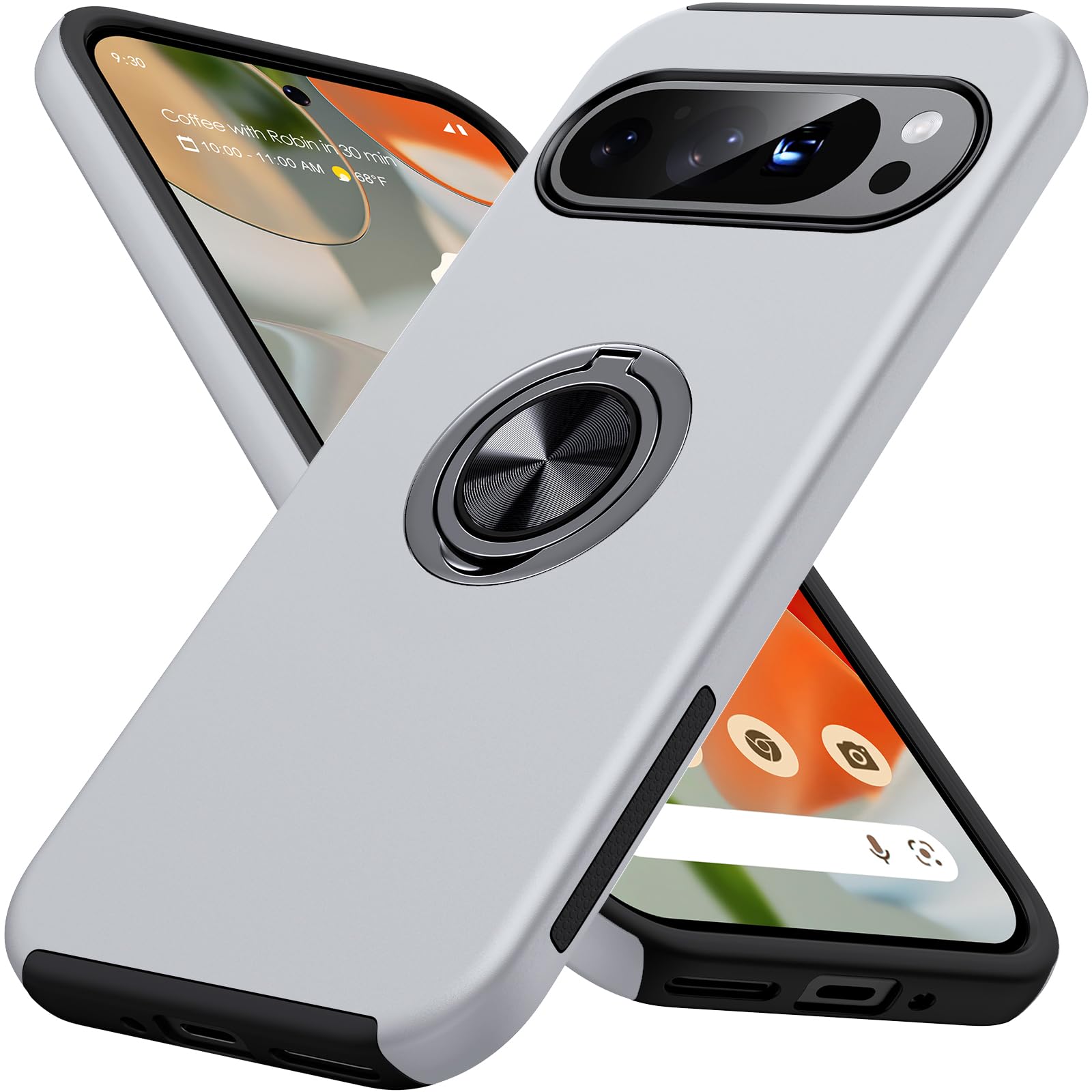 AOUIA for Google Pixel 9 Case, Case for Google Pixel 9 / Pixel 9 Pro with 360° Rotating Ring Support Magnetic Car Mount, Drop-Proof Protective Phone Cover for Google Pixel 9, Silver