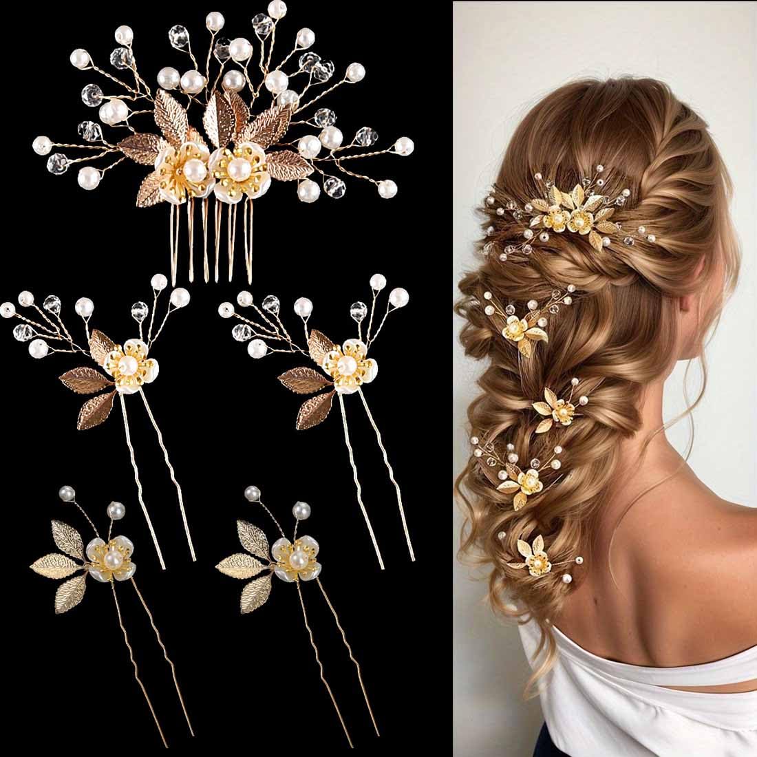 Prosy Bride Wedding Pins and Hair Comb Flower Leaf Bridal Hair Pieces Bridal Hair Accessories Pearl Bridal Hair Clips for Women and Girls Pack of 5 (Gold)