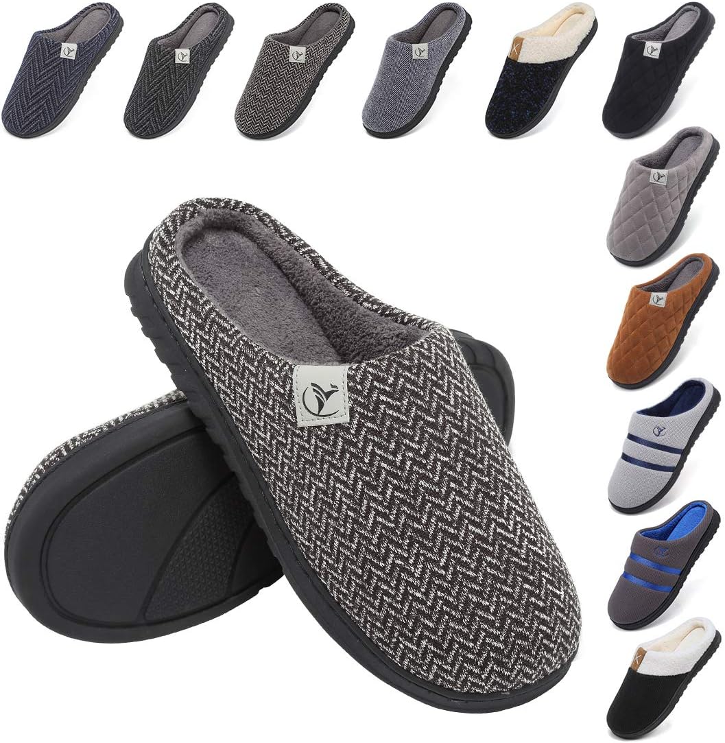 incapo Mens Slippers Memory Foam Slippers Knitted Cotton Coral Fleece Lining Non-Slip Indoor Outdoor Slippers