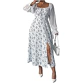 Floerns Women's Elegant Plus Size Floral Square Neck Midi Dress Puff Mesh Long Sleeve Boho Side Split Dress Fall Outfits